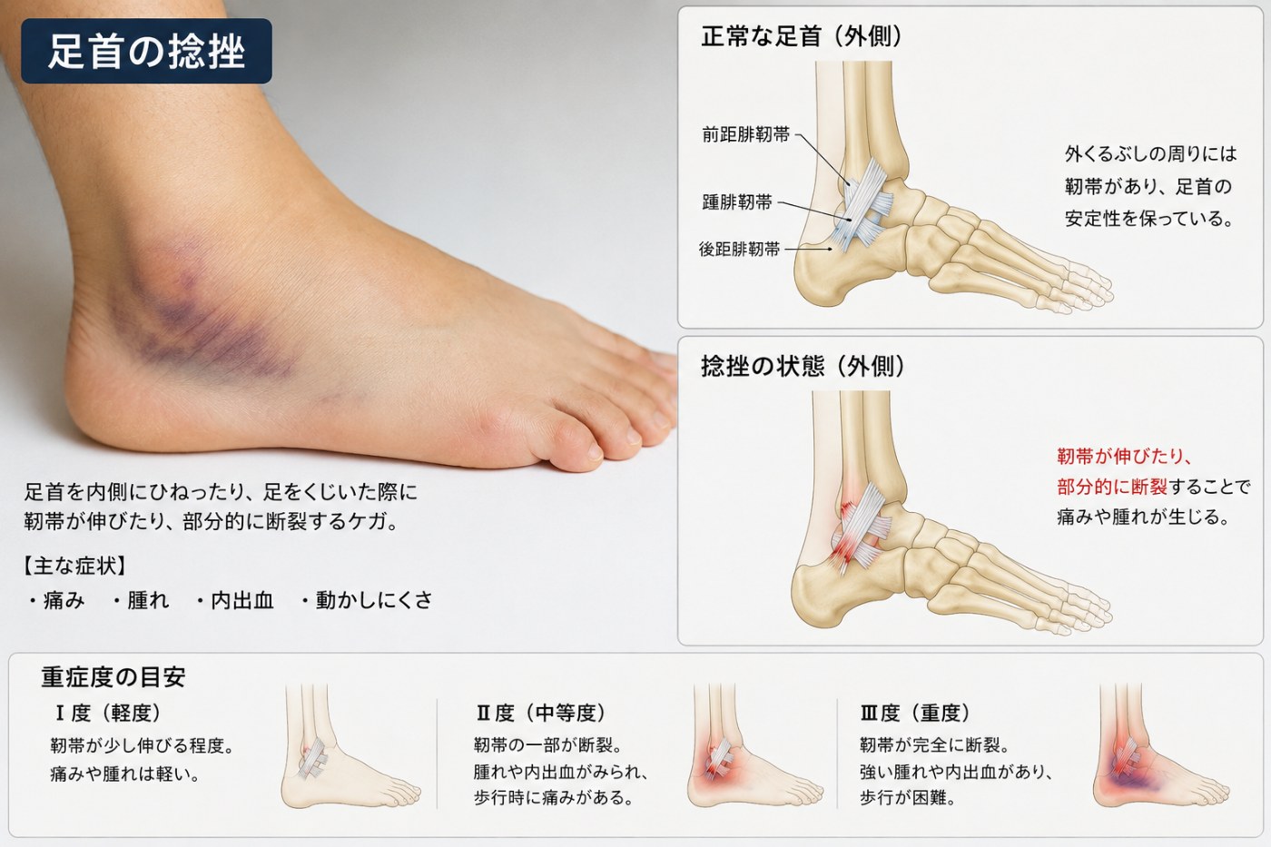 足首の捻挫の解説イラスト（靭帯・症状・重症度）