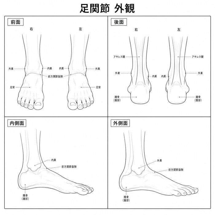 足首を後ろから見た線画。アキレス腱・外果・内果・踵骨の名称入り