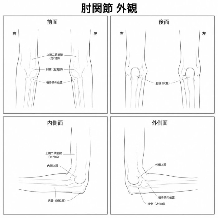 肘を内側から見た線画。内側上顆・上腕二頭筋腱・尺骨の名称入り
