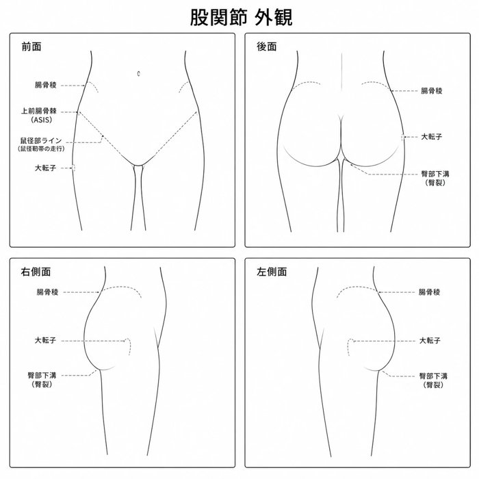 股関節を前から見た線画。腸骨稜・上前腸骨棘・鼠径部ライン・大転子の名称入り