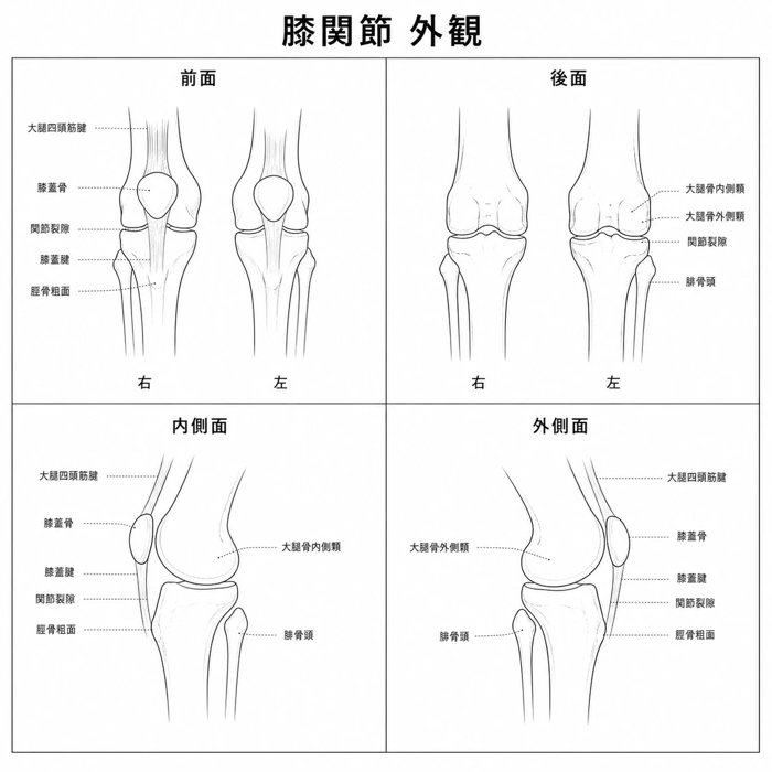 膝関節を前から見た線画。膝蓋骨・膝蓋腱・脛骨粗面などの名称入り