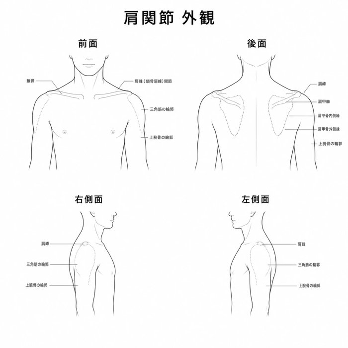 肩を前から見た線画。鎖骨・肩峰・三角筋の輪郭の名称入り